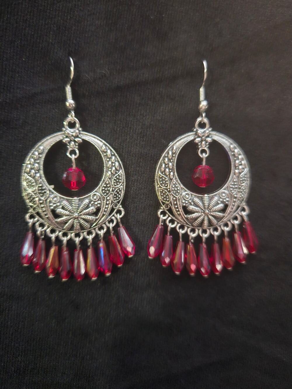 Antique silver go-go and red glass beaded chandelier earrings